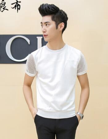 2016夏季男式韩版修身网纱拼接短袖t恤青年休闲男士潮流